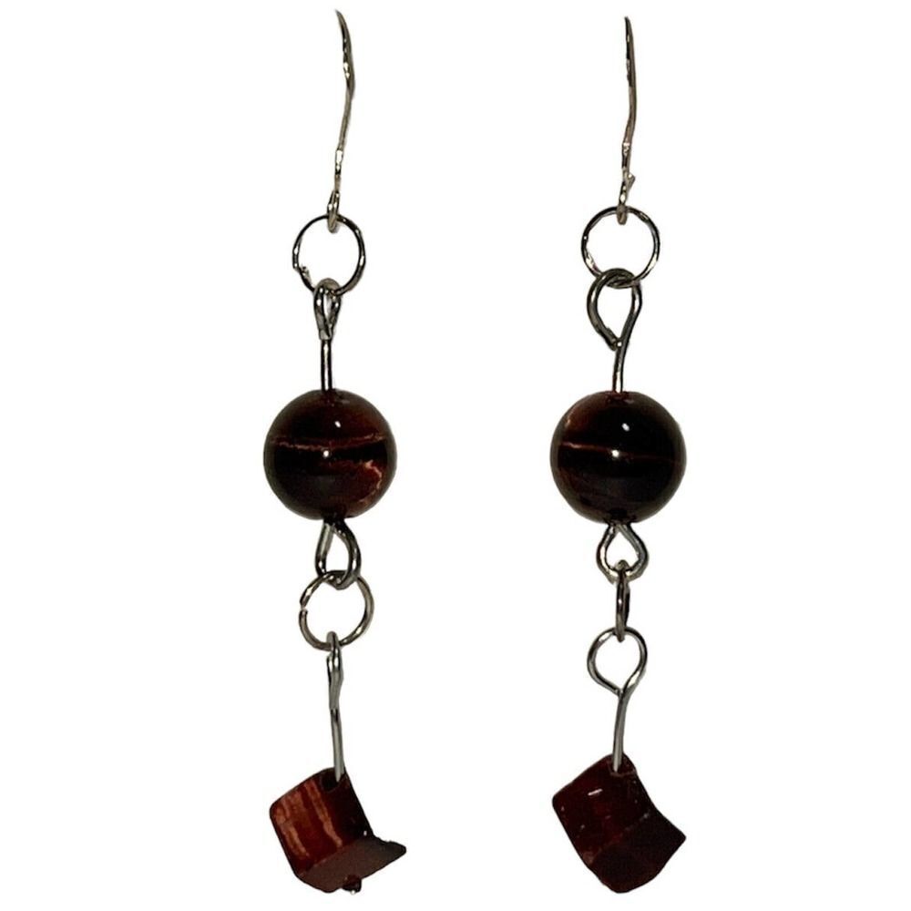 Red Tiger Eye Earrings, Sterling Silver Hand Carved Earrings, NWOT